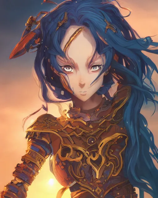 Image similar to An anime portrait of a beautiful D&D half-orc female with long wavy dark blue hair, bright orange eyes, intricate full body armour, fantasy soldier, by Stanley Artgerm Lau, WLOP, Rossdraws, James Jean, Andrei Riabovitchev, Marc Simonetti, and Sakimichan, highly detailed, ultra detailed, golden hour, trending on artstation, cgstudio