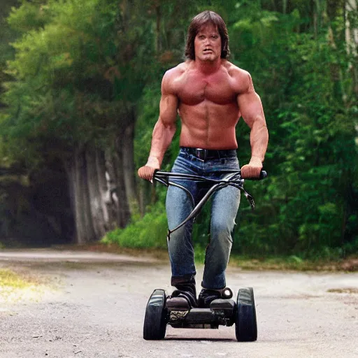 Image similar to rambo from first blood on a kick scooter