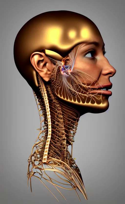 Prompt: 3D render of a beautiful profile face portrait of a female cyborg, 150 mm, golden ratio, Mandelbrot fractal, anatomical, flesh, facial muscles, wires, microchip, veins, arteries, full frame, microscopic, highly detailed, flesh ornate, extra elegant, high fashion, rim light, octane render in the style of H.R. Giger and Bouguereau