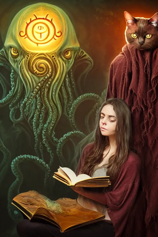 Image similar to romantic photo of bright girl, her cat and her book of necronomicon, symmetrical, cinematic, real dlsr photography, sharp focus, 4 k, ultra hd, sense of awe, sinister demonic atmosphere, dreadful, forbidden knowledge, old gods, cthulhu, yog - sothoth! yah, yah, yah! cultist journal cover