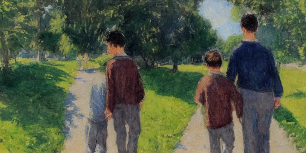 Image similar to a man with dark hair holding the hands of a young boy with dark hair as they walk down a suburban highway on a bright beautiful day. in the style of an impressionist painting.