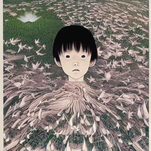 Prompt: harrowing, intuitive by frederic church, by shintaro kago. a beautiful assemblage. there is a starry darkness beyond the walls. and small white butterflies everywhere.
