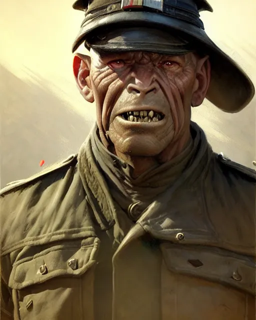 Image similar to orc ww 2 general | | realistic shaded, fine details, realistic shaded lighting painting by greg rutkowski, diego gisbert llorens, magali villeneuve, artgerm, jeremy lipkin, michael garmash, rob rey