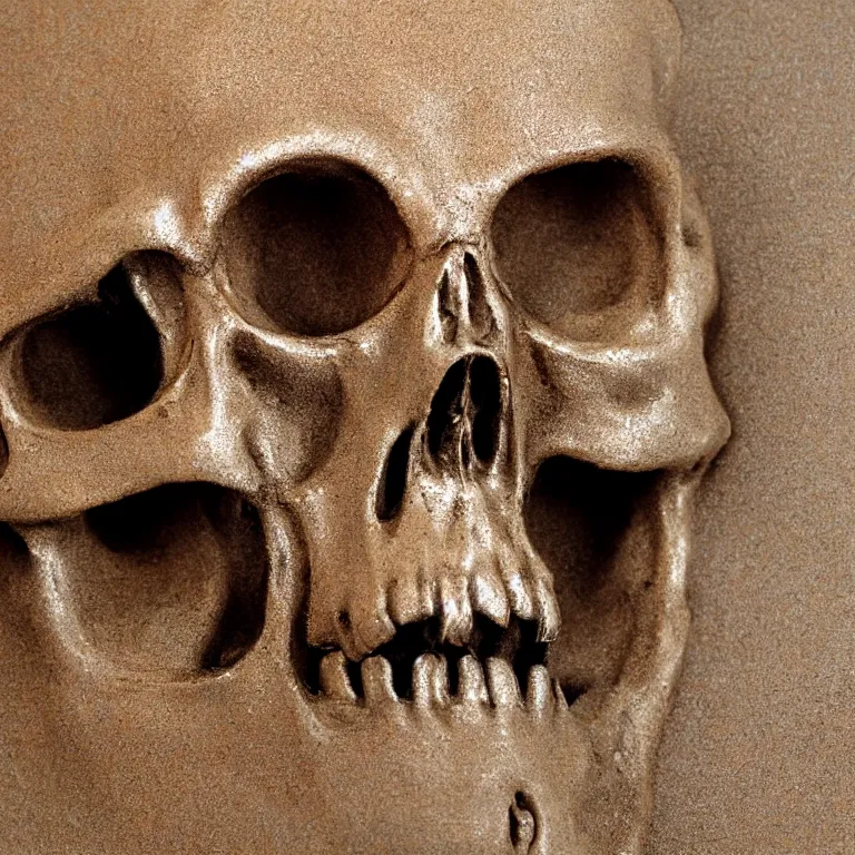 Prompt: closeup of metal skull berried in sand painted by Edward Hopper, painted by Wayne Barlow, airbrush