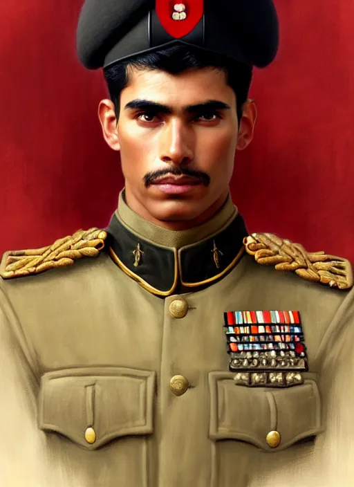 Image similar to portrait of stoic looking very handsome peruvian soldier, military uniform, black hair, thick eyebrows, fantasy, intricate, elegant, highly detailed, centered, dark, smokey, digital painting, artstation, concept art, smooth, sharp focus, illustration, art by artgerm and greg rutkowski and alphonse mucha