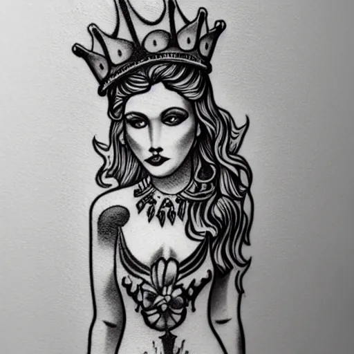 Image similar to new school black and white tattoo design of a female siren wearing a crown, full body, highly detailed