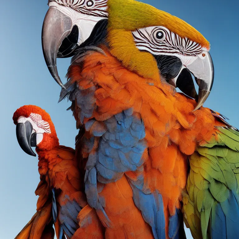 Image similar to high fashion photoshoot octane render portrait by wayne barlow and carlo crivelli and glenn fabry, a distinguished sea captain wearing a colorful uniform and holding a colorful macaw while standing on a beautiful high - end white and wood yacht, very short depth of field, bokeh