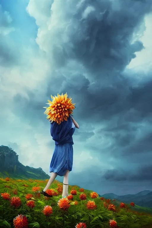 Image similar to closeup perspective, giant dahlia flower as head, girl standing on mountain, surreal photography, blue storm clouds, dramatic light, impressionist painting, digital painting, artstation, simon stalenhag