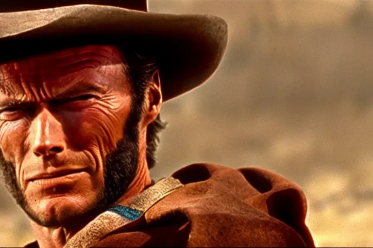 Image similar to clint eastwood as superman in the good the bad and the ugly, western film, hyper - detailed, smooth, sharp focus, 4 k ultra hd