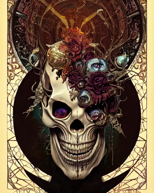 Image similar to perfectly centered portrait front view of a angry dead rotten beautiful daemon skull growing ornamentation all around, ornate, ornaments, detailed, symmetrical, elegant, beautifully soft lit, by wayne barlowe, peter mohrbacher, kelly mckernan, alphonse mucha
