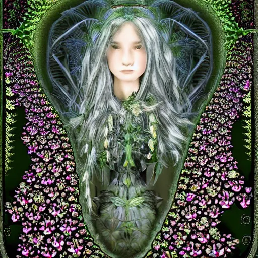 Prompt: an knight, stern face, clear eyes, shining armour made of steel and flowers, and fractal flowery hair in a fractal garden, glowing delicate flower and ferns that grow in a dark fatansy forest,