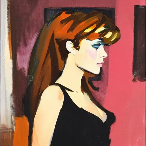 Image similar to portrait profile of a mysterious beautiful women in 1 9 7 8. oil painting by john watkiss