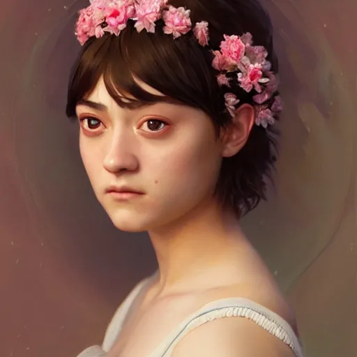 Image similar to expressive oil painting, of arya stark, smooth glowing skin, ornate headpiece made from pink flowers, glamour shot, by yoshitaka amano, by bouguereau, bygreg rutkowski, by jeremyg lipkinng, by artgerm, digital art, octane render