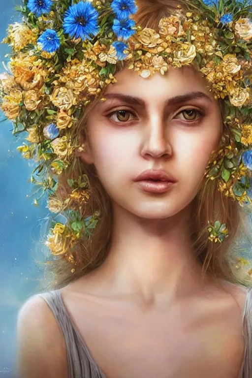 Image similar to a pale Persian girl with golden hair, floral crown, sad blue eyes, cinematic lighting, ultra detailed, highly detailed, sharp focus, golden background with flowers, golden jewellery with blue sapphires, photographic, art by artgerm and greg rutkowski and zdislav beksinski