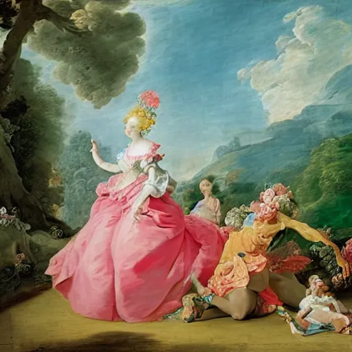 Prompt: colorful oasis in the style and the language of Rococo, reimagining the dynamism of works by eighteenth-century artists such as Giovanni Battista Tiepolo, François Boucher, Nicolas Lancret and Jean-Antoine Watteau through a filter of contemporary cultural references including film, food and consumerism