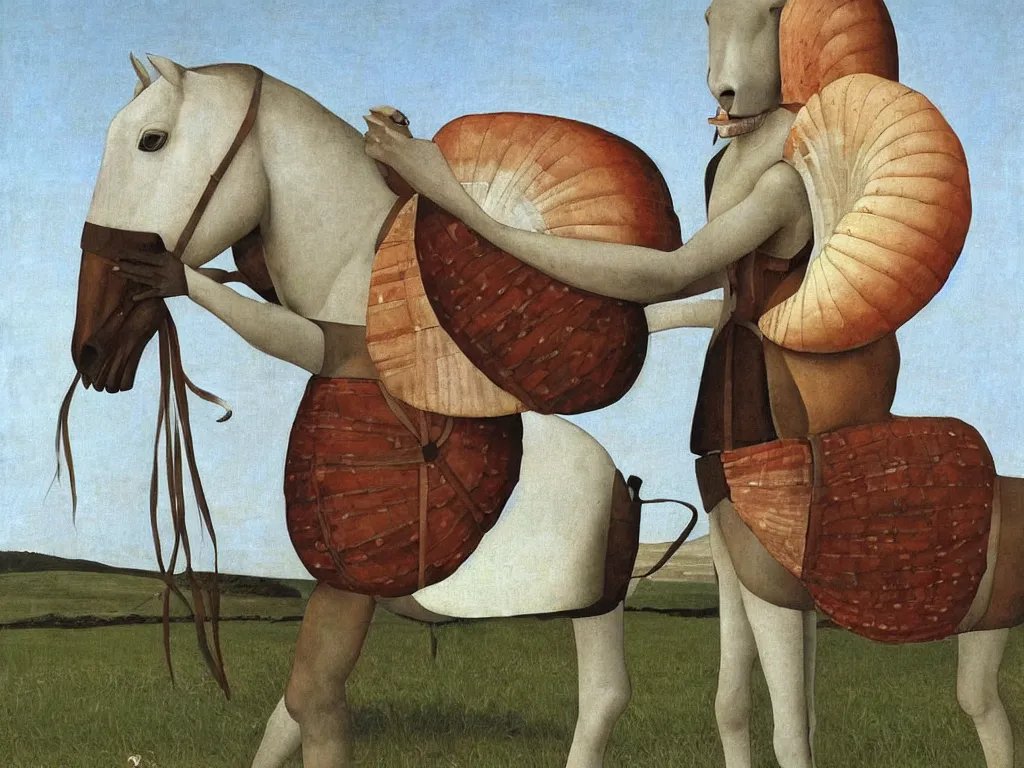 Prompt: Horse with African Guro mask. Giant conch shell. Painting by Alex Colville, Piero della Francesca