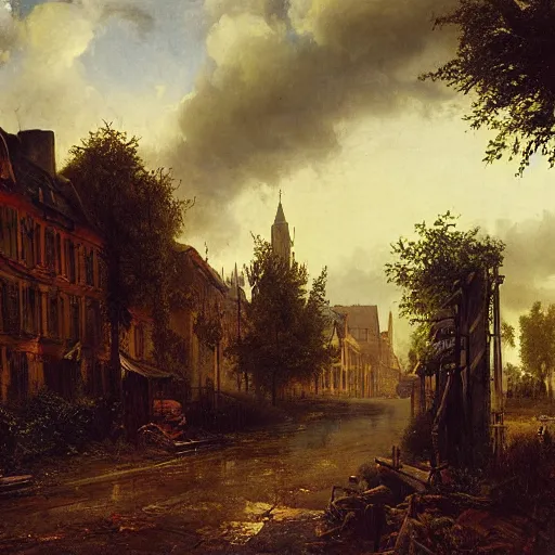 Image similar to post apocalyptic frankfurt city streets, overgrown, landscape, romanticism by andreas achenbach