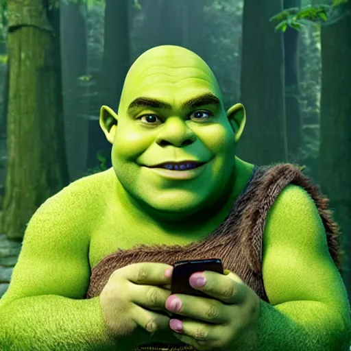 Image similar to shrek looking at his phone in his swamp