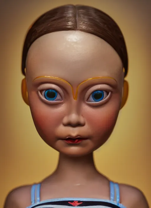 Image similar to closeup profile portrait of tin toy greta thunberg bikini mini - skirt, depth of field, zeiss lens, detailed, symmetrical, centered, fashion photoshoot, by nicoletta ceccoli, mark ryden, lostfish, breathtaking, 8 k resolution, extremely detailed, beautiful, establishing shot, artistic, hyperrealistic, octane render