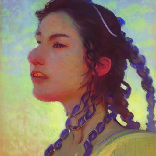 Prompt: Monet portrait painting of a cyborg girl, medium shot, asymmetrical, profile picture, Organic Painting, sunny day, Matte Painting, bold shapes, hard edges, street art, trending on artstation, by Huang Guangjian and Gil Elvgren and Sachin Teng