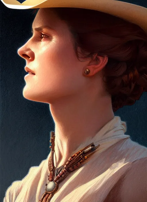 Image similar to portrait of dolores from westworld, cowboy, 1 8 9 0, western, hat, colt intricate, headshot, highly detailed, digital painting, artstation, concept art, sharp focus, cinematic lighting, illustration, art by artgerm and greg rutkowski, alphonse mucha, cgsociety