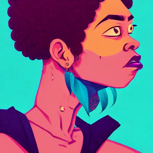 Image similar to Sachin Teng illustration of an angry afropunk female character, medium shot, asymmetrical, profile picture, trending on artstation