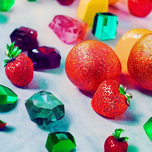 Prompt: fruits made of expensive gems, shimmer, natural light, crystallized, hd, high quality, photograph, on display