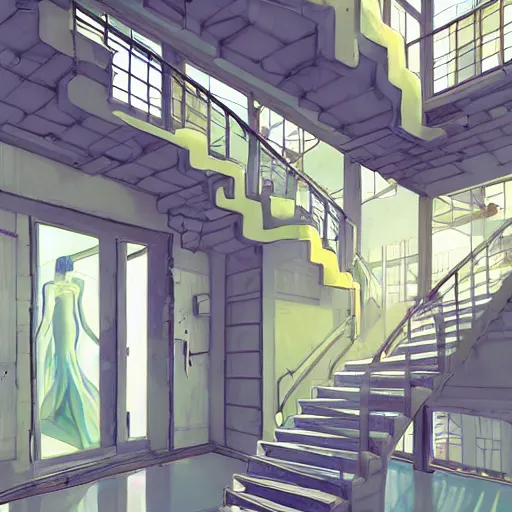 Image similar to a stunningly beautiful slimegirl woman in a bright white hallway with many doors and many stairs, Mc Escher architecture, epic composition, by Makoto Shinkai