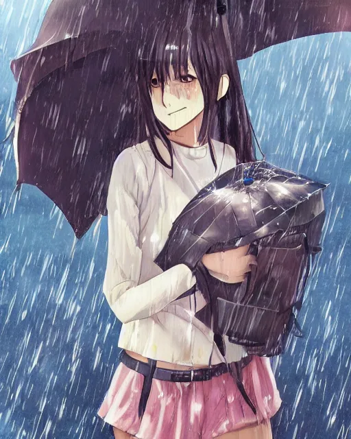 Prompt: anime girl in the rain, By studio Ghibli, Artstation, Pixiv