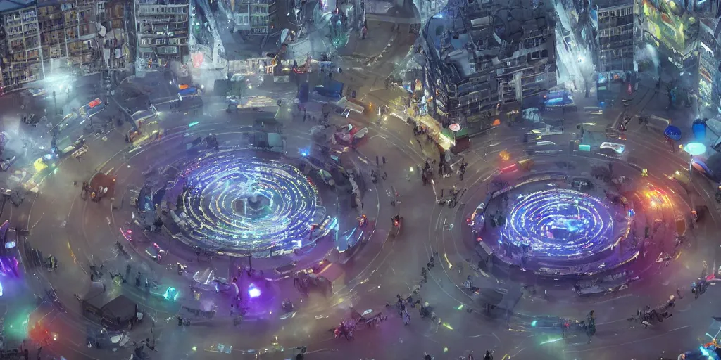 Image similar to policemen protecting a huge spiral - shaped bright luminous attractor right in the center of the city from protesting people,, rain and light fog, professional lighting, concept art in 3 d, high detail, professional lighting, 8 k, unreal engine