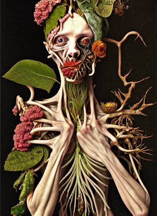 Image similar to beautiful and detailed rotten woman made of plants and many different types of flowers, muscles, intricate, organs, ornate, surreal, miguel angel, gustave courbet, caravaggio, romero ressendi, gunther von hagens