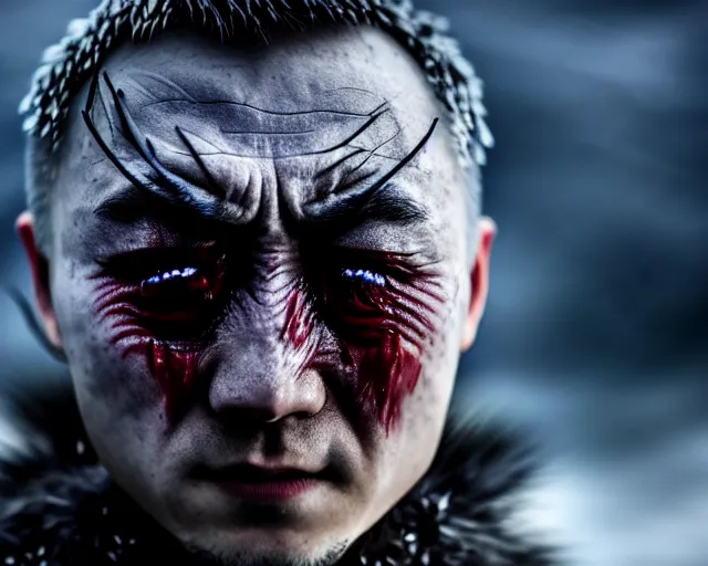 Image similar to justin sun as night king in game of thrones, extreme close - up of crying tears made of magic ice water, crimson - black bee army behind, 4 k, epic, cinematic, focus, movie still, fantasy, extreme detail, atmospheric, dark colour, sharp focus