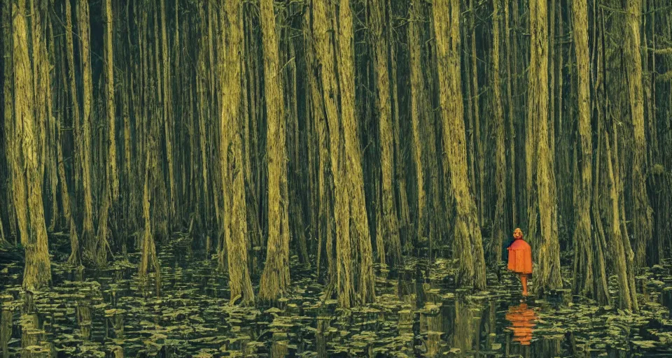 Prompt: A dense and dark enchanted forest with a swamp, by Wes Anderson,