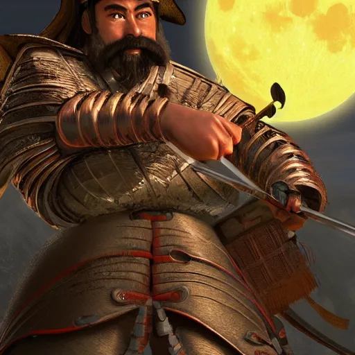 Image similar to old samurai holding ancient sword giant moon high detail, artstation, award winning masterpace