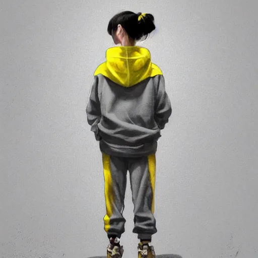Prompt: a highly detailed epic cinematic concept art CG render digital painting artwork costume design: a girl in a 1950s extremely oversized hoodie and extremely baggy sweatpants, with a skateboard. all in grey and yellow. By Greg Rutkowski, Ilya Kuvshinov, WLOP, Stanley Artgerm Lau, Ruan Jia and Fenghua Zhong, trending on ArtStation, made in Maya, Blender and Photoshop, octane render, excellent composition, cinematic atmosphere, dynamic dramatic cinematic lighting, aesthetic, very inspirational, arthouse