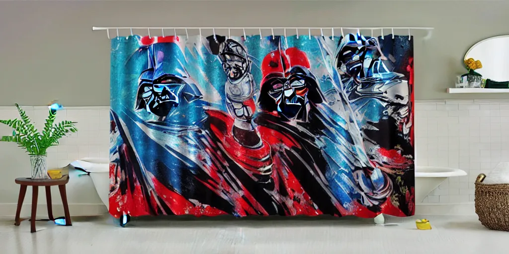 Image similar to shower curtain product catalog. wide - angle photo. on the curtain is a low - angle hero - shot watercolor of a ladybug robot fighting against darth vader. the robot has an epic showdown with darth vader. the water color has ink under drawing. highly coherent, product photography of a shower curtain, product lighting. 4 k, highly detailed. saturated.