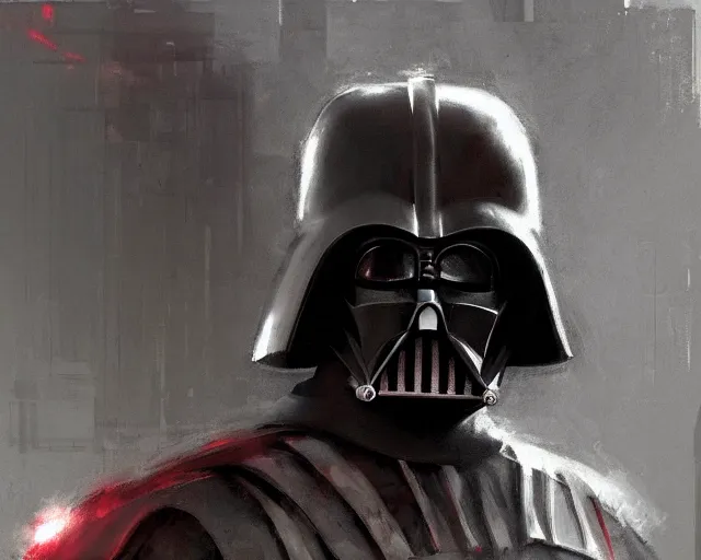 Prompt: portrait of darth vader in shades of grey but with red by jeremy mann