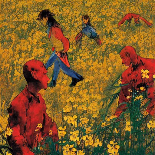 Prompt: 2 people in red desert drowning in a sea of yellow flowers, highly detailed, intricate, surreal, painting by Franz Marc, part by Yoji Shinkawa, part by Norman Rockwell