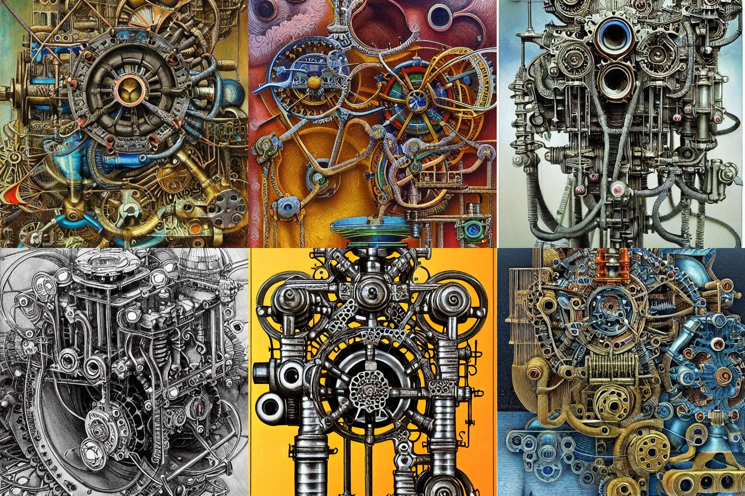 Prompt: a complicated water machine engine contraption with sprockets springs cranks cylinders hoses pistons, super detailed, high detail, hyper detailed, masterpiece, Beksinski, intricate abstract, detailed abstract, isometric, optical illusion, infinity, golden ratio, cubism, color pencil, bright colors, vivid colors, hyper detailed, ultra high resolution, artstation, Created M.C. Escher and David Copperfield