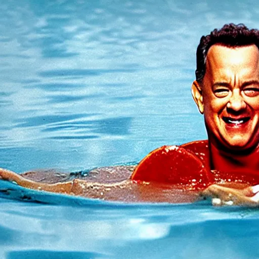 Image similar to tom hanks swimming in a bowl of tomato soup