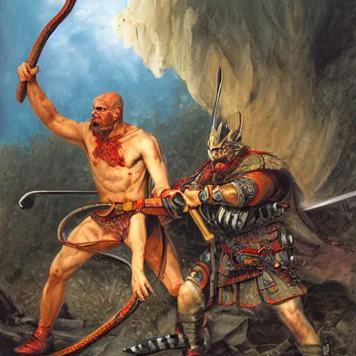 Image similar to martin the warrior battling Asmodeus the serpent by James Gurney
