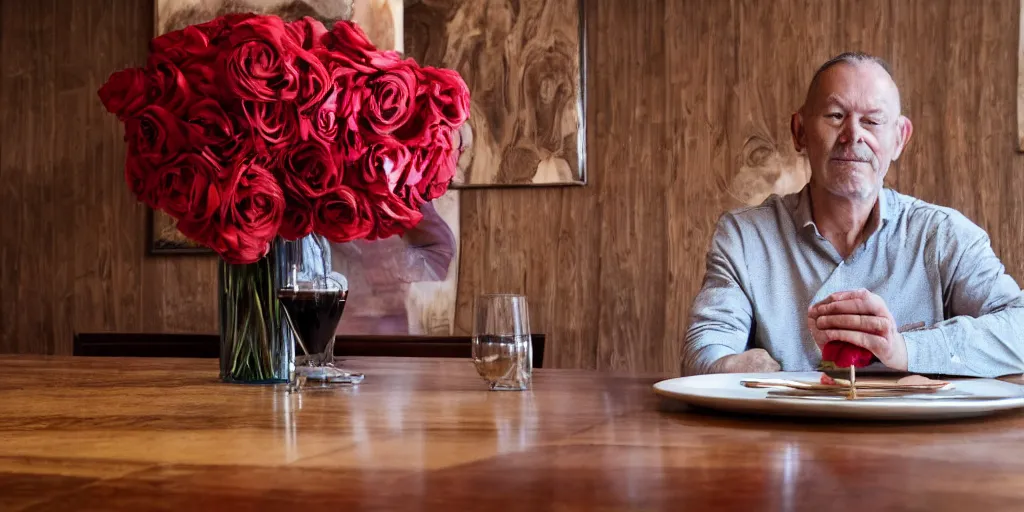 Prompt: low angle establishing shot of one man sitting at a wood grain table located within a luxurious dining room and the man is holding a red rose in his hand