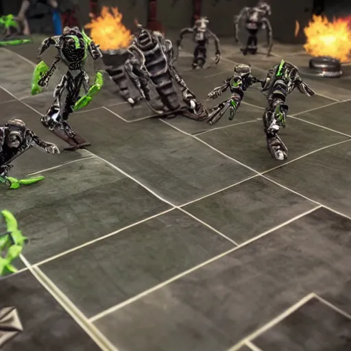 Image similar to necron doing a kickflip as others look on in awe