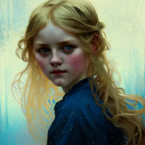 Image similar to Portrait of a young girl on a wooden swing, long blonde hair and sparkling blue eyes, face, vintage, retro, detailed, intricate, digital painting, artstation, concept art, smooth, sharp focus, illustration, art by Krenz Cushart and Artem Demura and alphonse mucha