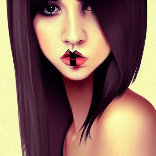 Prompt: attractive young woman, slim figure, perfect silky straight hair, smooth tan skin, dark circles under bemused eyes, hip emo fashion, pinterest, very interesting digital painting, beautiful portrait