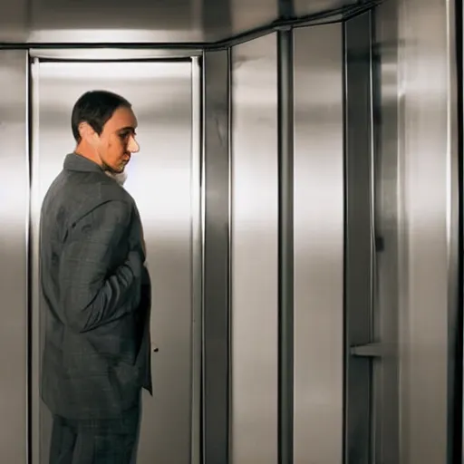 Prompt: a man in an elevator that moves horizontally and vertically