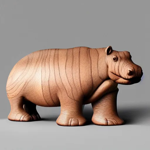 Image similar to side view of a simplified hippo figurine ( made of wood )!!!! and centered on a white to grey gradient background, wood grain, photorealistic, hyperrealistic, influenced by pixar, 8 k hd, octane render, unreal engine, featured on cgsociety