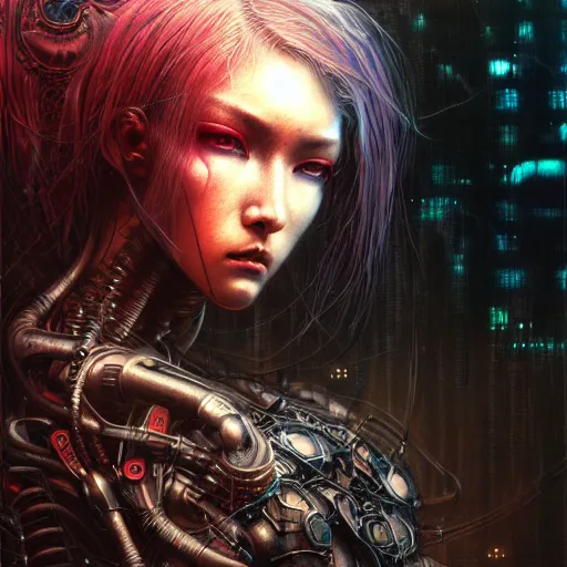 Prompt: a highly detailed long shot photo of cyberpunk female character by ayami kojima, beksinski, giger, intricate, digital painting, artstation, concept art, smooth, sharp focus