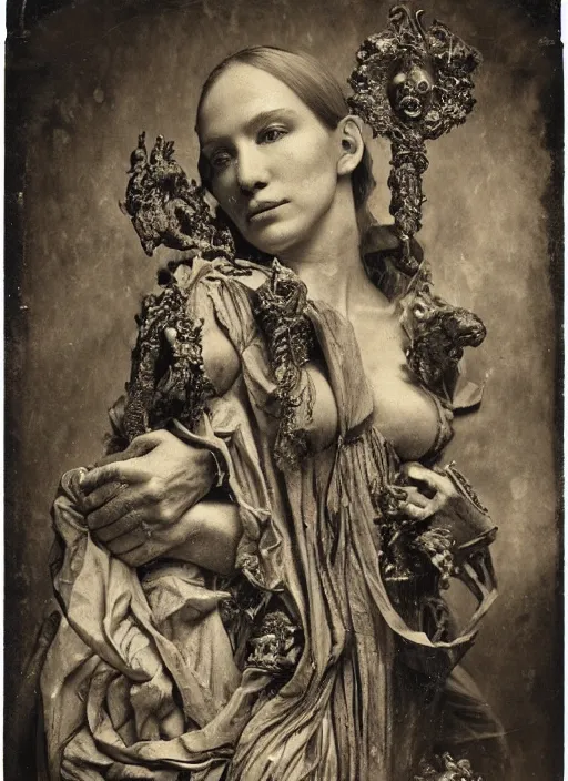 Image similar to old wetplate daguerreotype portrait of birth of lady justice, explosion of data fragments, fractal, intricate, elegant, highly detailed, parallax, leica, medium format, subsurface scattering, by jheronimus bosch and greg rutkowski and louis jacques mande daguerre