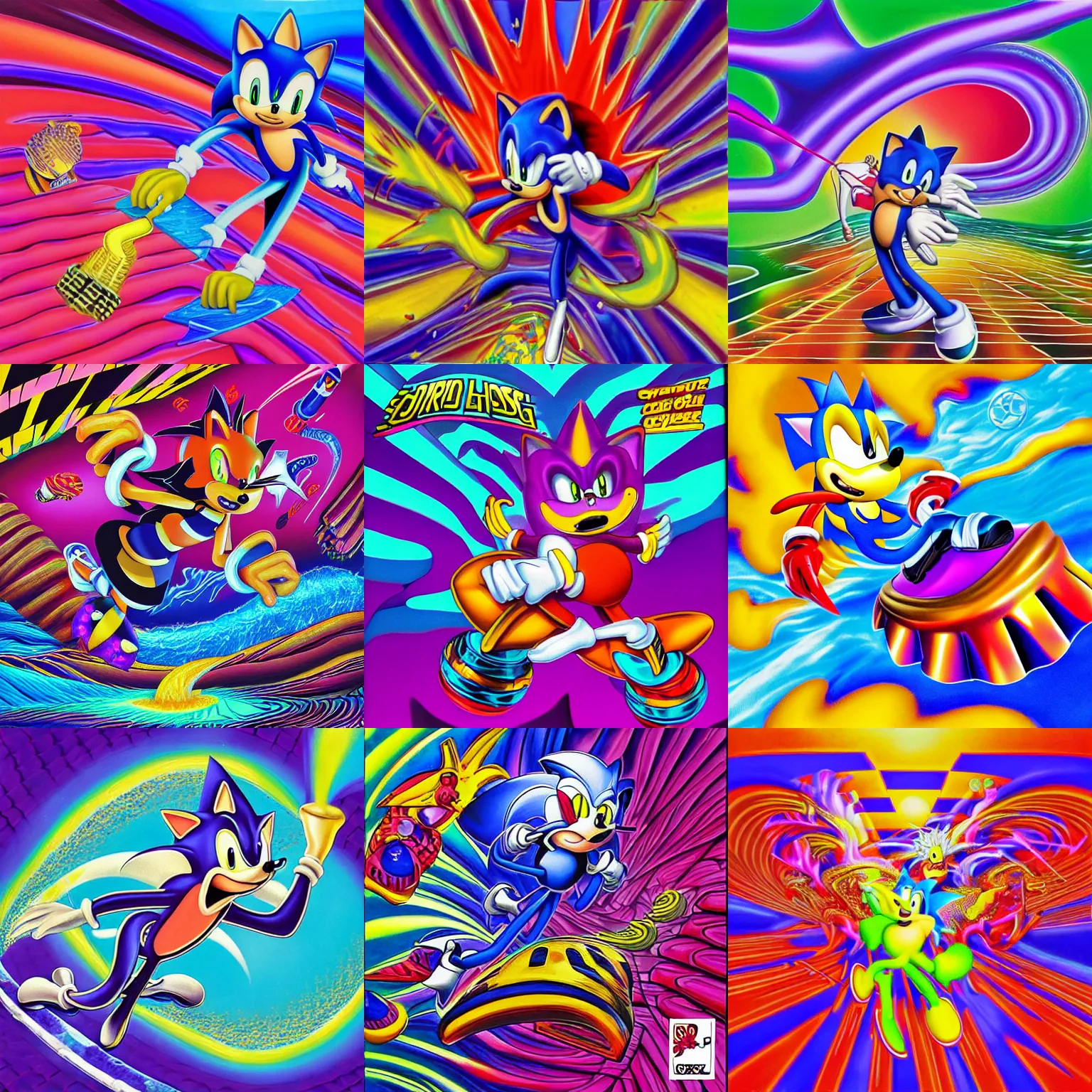 Image similar to surreal, sharp, detailed professional, high quality airbrush art mgmt album cover of a liquid dissolving lsd dmt sonic the hedgehog surfing through cyberspace, purple checkerboard background, 1 9 9 0 s 1 9 9 2 sega genesis video game album cover